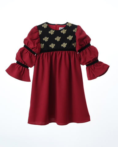 Bella dress (burgundy with golden embroidery blooms)